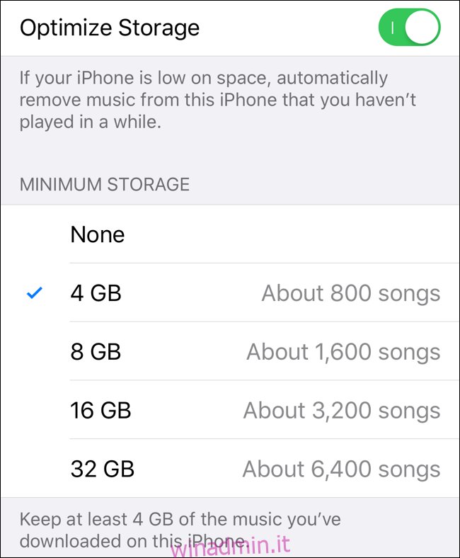 Seleziona Spazio di archiviazione minimo in Ottimizza archiviazione per Apple Music