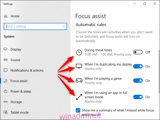 Regole automatiche di Focus Assist in Windows 10