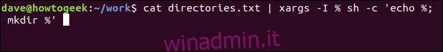 cat directory.txt |  xargs -I% sh -c 'echo%;  mkdir% 'in una finestra di terminale