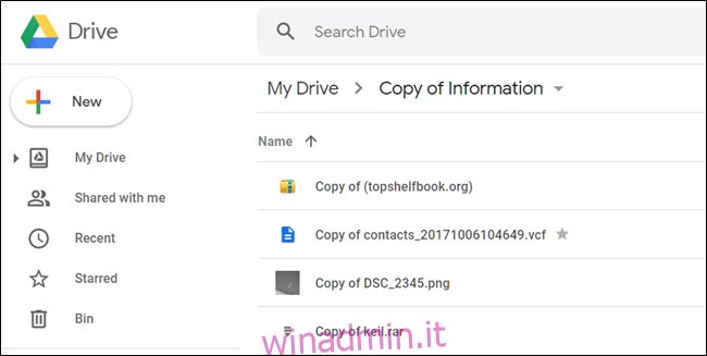 File copiati in una cartella di Google Drive.