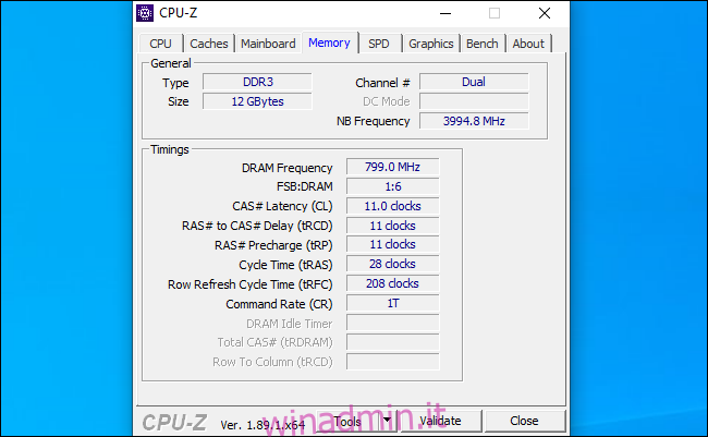 CPU-Z che mostra i tempi della RAM