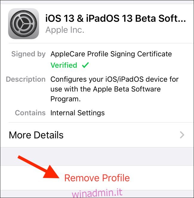 Rimuovi il profilo iOS Beta