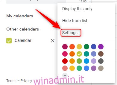 Opzione Impostazioni di Google Calendar per il calendario condiviso.