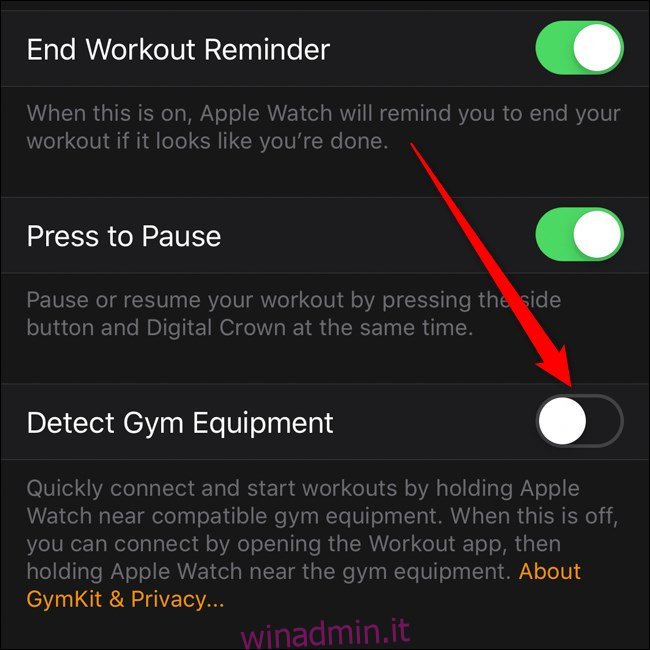 Menu di allenamento dell'app Apple iPhone Apple Watch