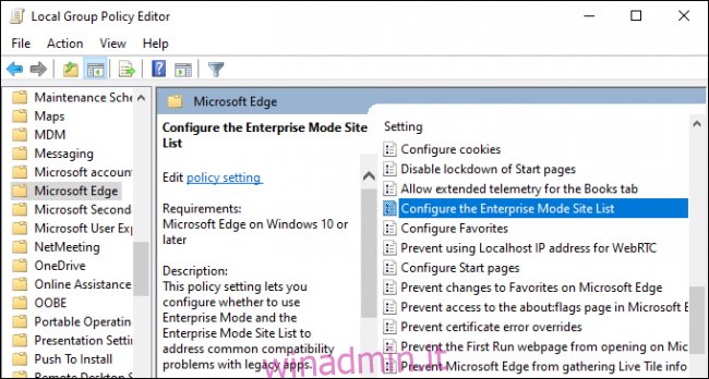 Configurazione dell'elenco dei siti per la modalità Enterprise su Windows 10.