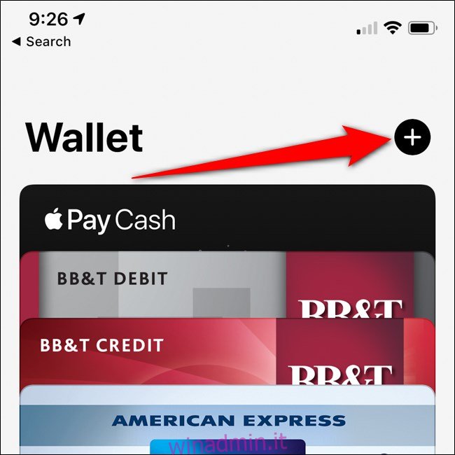 Pulsante Aggiungi carta di iPhone Apple Wallet