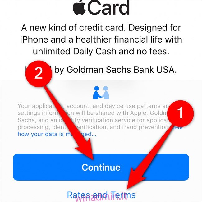 iPhone Wallet Apple Card Leggi i termini Tocca Continua