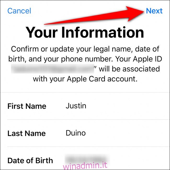 Portafoglio iPhone Conferma le tue informazioni Tocca Avanti