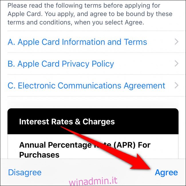 iPhone Wallet Leggi e accetta i termini e gli accordi