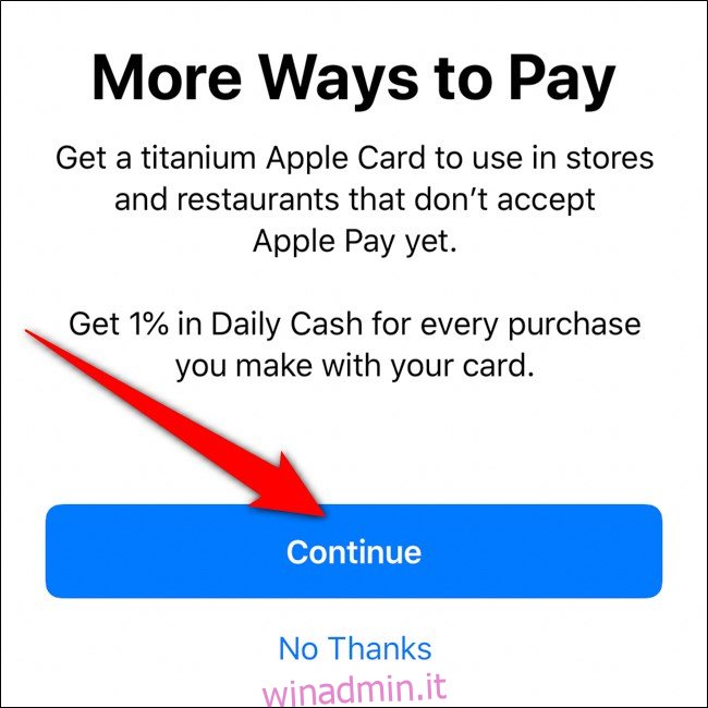 iPhone Wallet Ordina Titanium Apple Card Fai clic su Continua
