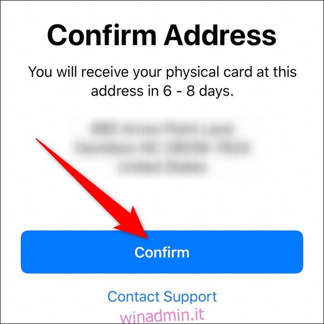App iPhone Waller Conferma l'indirizzo di spedizione della carta Apple
