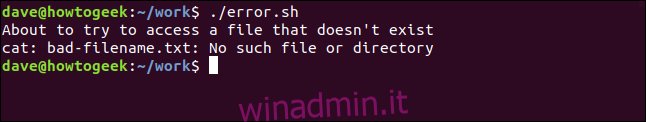 output dallo script error.sh in una finestra di terminale