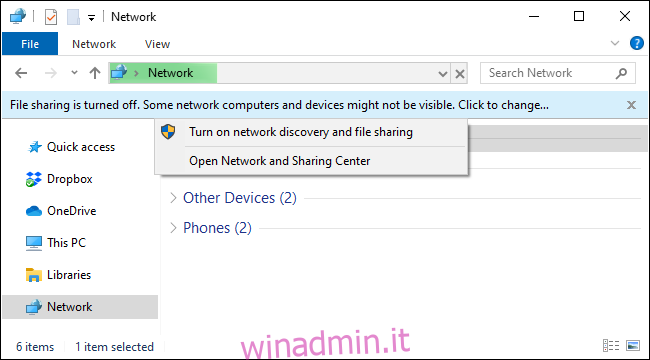 Attivazione della condivisione di file di rete su Windows 10 da Esplora file