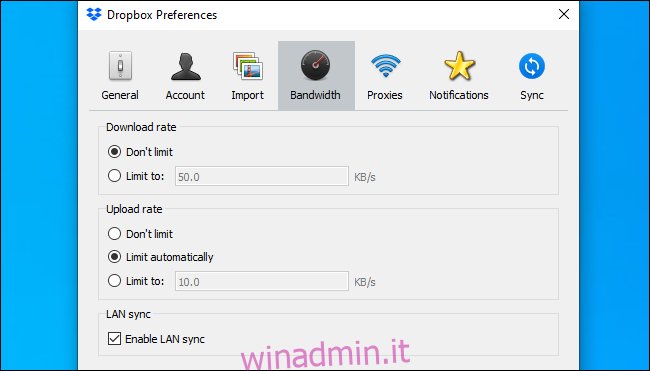Preferenze di Dropbox che mostrano le opzioni Abilita sincronizzazione LAN