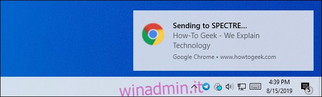 Una notifica sul desktop di Windows per l'invio di una scheda Chrome a un altro dispositivo