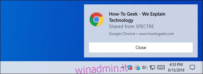 Notifica per una scheda condivisa in Google Chrome su Windows 10