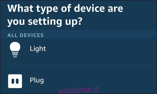 Il menu di configurazione del dispositivo nell'app Alexa.