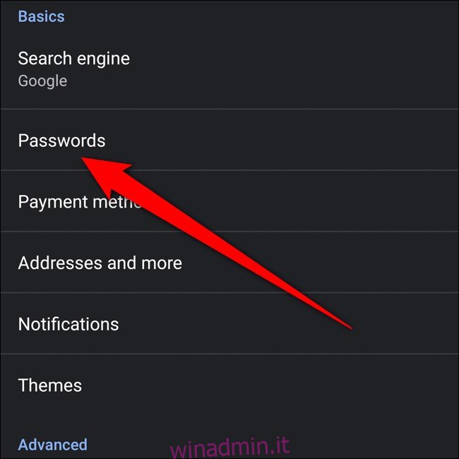 Android Google Chrome Fare clic su Password