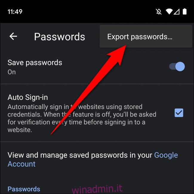 Opzione di esportazione delle password di Chrome per Android