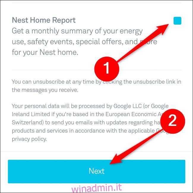 App Nest Seleziona le email da ricevere Fai clic su Avanti