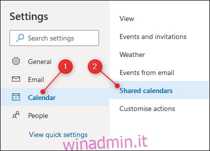 Impostazioni del calendario di Outlook con le impostazioni del calendario condiviso evidenziate.