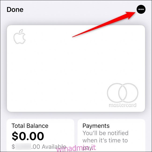 iPhone Wallet App Apple Card Seleziona il pulsante a tre punti