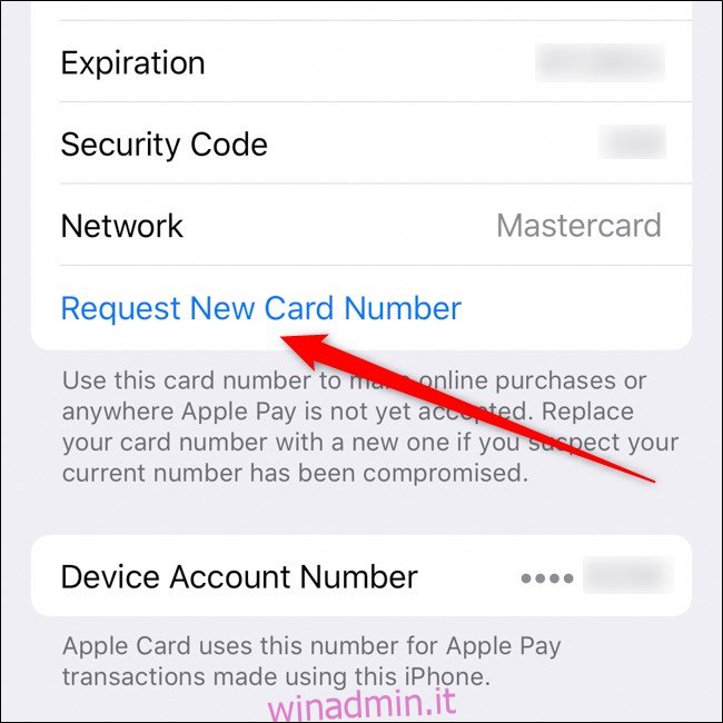 iPhone Apple Card Richiedi pulsante nuovo numero di carta