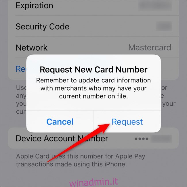 iPhone Apple Card Richiedi conferma del nuovo numero di carta