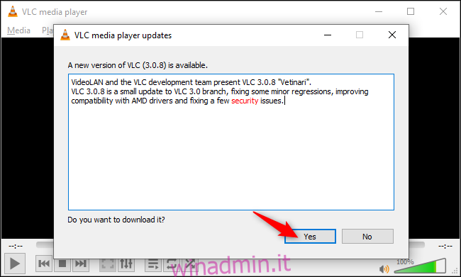Installazione di un aggiornamento disponibile in VLC media player su Windows 10