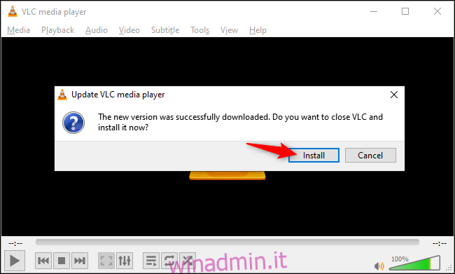 Dire a VLC di installare un aggiornamento