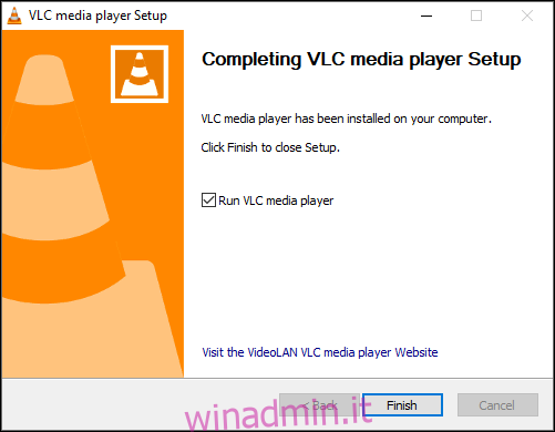 Avvio di VLC dopo un'installazione