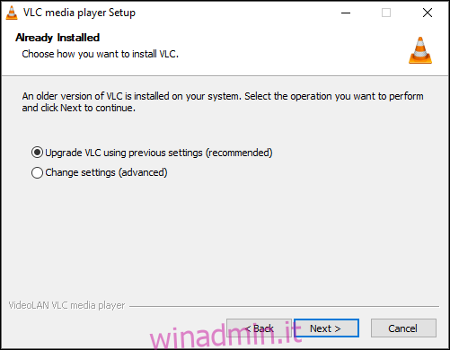 Aggiornamento di VLC con le impostazioni correnti su Windows