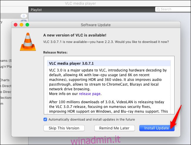 Installazione degli aggiornamenti in VLC su macOS