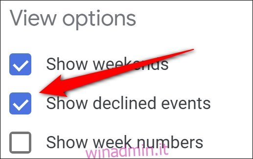 Google Calendar disattiva Mostra eventi rifiutati