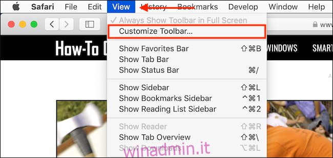 Fare clic su Visualizza e quindi selezionare Personalizza barra degli strumenti per aprire il pannello di personalizzazione della barra degli strumenti