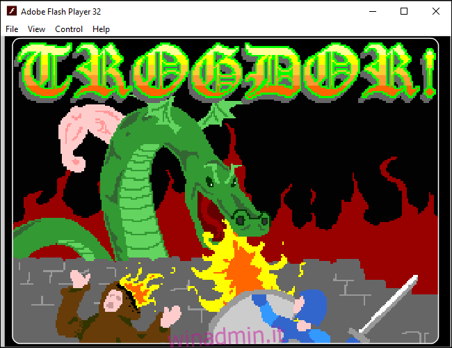 Schermata iniziale del gioco Trogdor nell'adobe Flash Player autonomo su Windows
