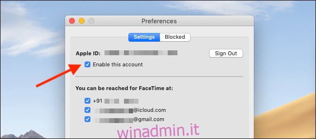 Deseleziona il pulsante Abilita questo account nelle preferenze di FaceTime per disabilitare FaceTime su un Mac