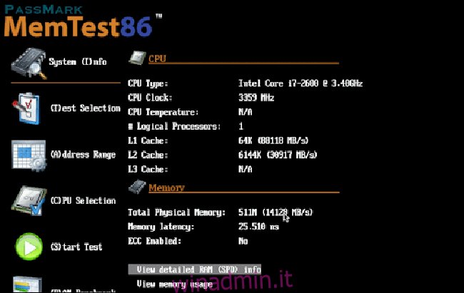 Il software di controllo dello stato della RAM memtest86.