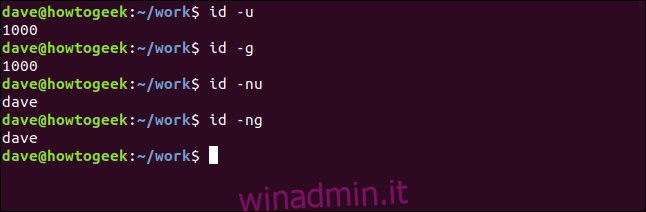output del comando id in una finestra di terminale