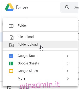 Opzioni di caricamento di file o cartelle web di Google Drive