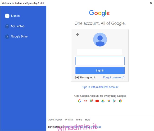 Schermata di accesso al PC di Google Drive