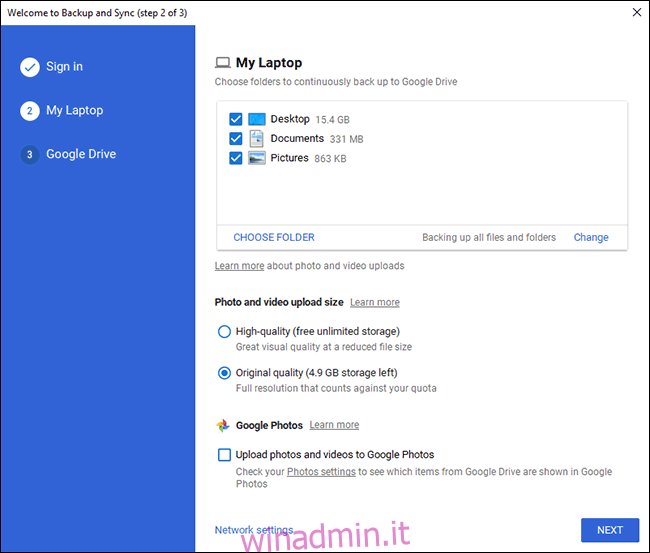 PC di backup di Google Drive Scegli la schermata della cartella