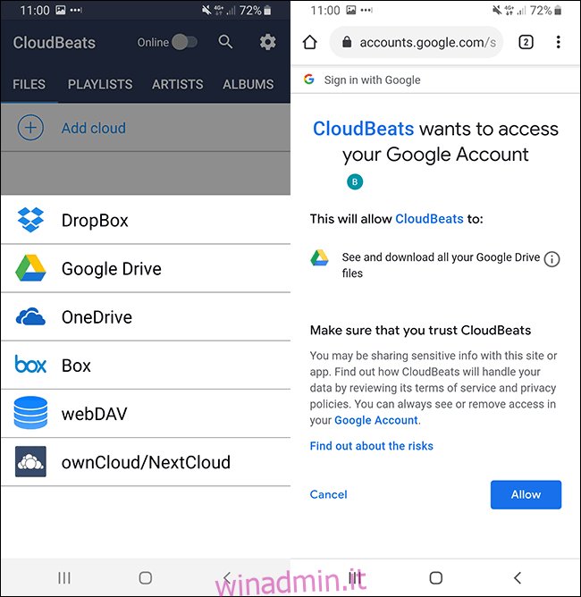 Autorizzazione Google Drive per l'app musicale Android Cloudbeats