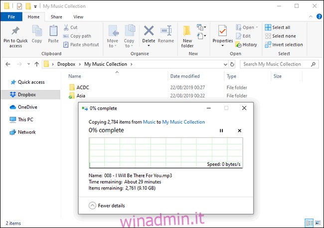 Caricamenti di file su Dropbox in File Manager di Windows