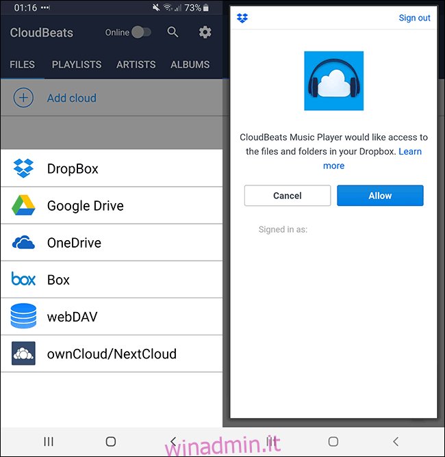 App Android Cloudbeats che mostra le opzioni di autenticazione Dropbox