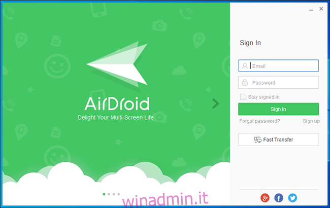 Schermata di accesso di Airdroid per PC