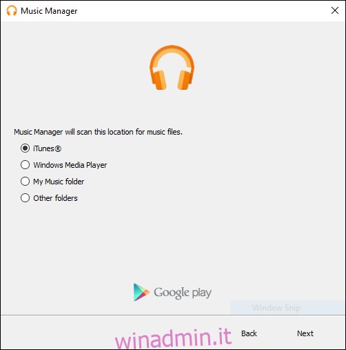 Schermata di configurazione della pre-scansione di Google Play Music Manager
