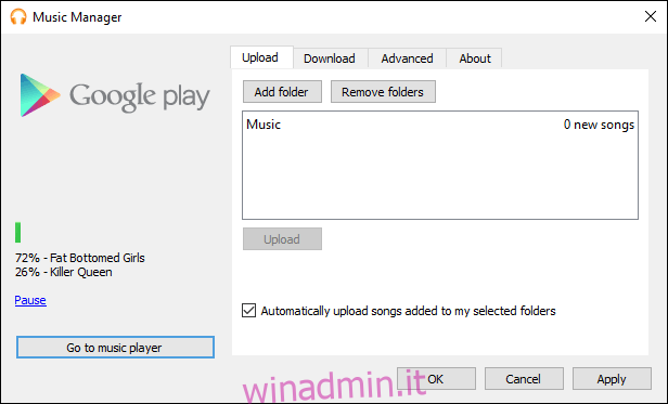Google Play Music Manager con caricamento di musica