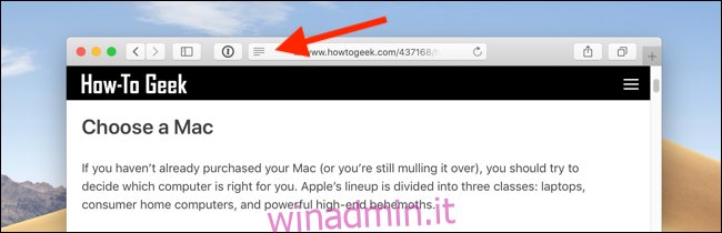 Fare clic sull'icona Reader View dalla barra degli URL in Safari su Mac