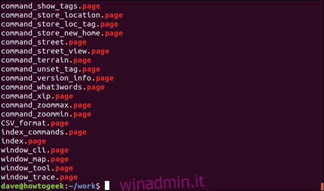 elenco dei file di pagina in una finestra di terminale